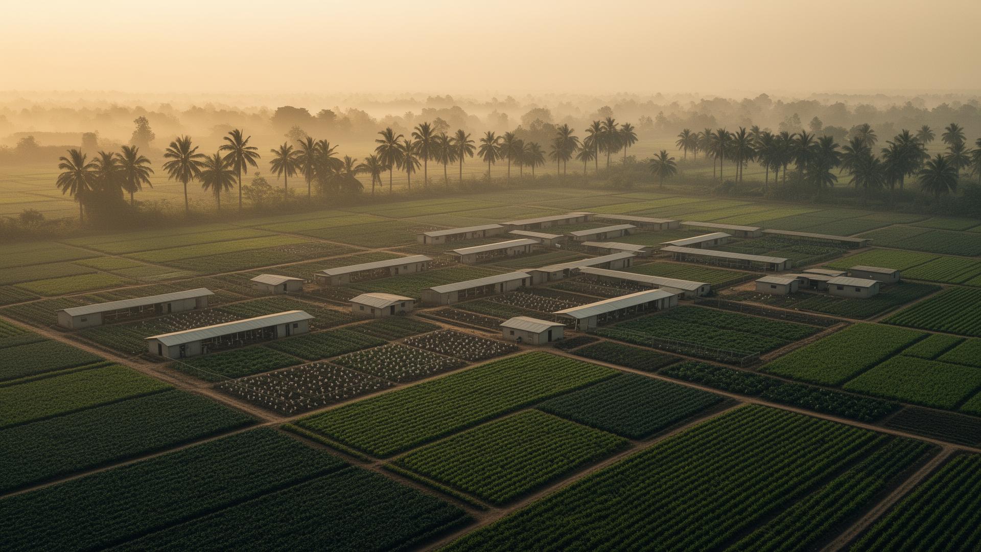 Aerial view of an organized West African cooperative farm at dawn